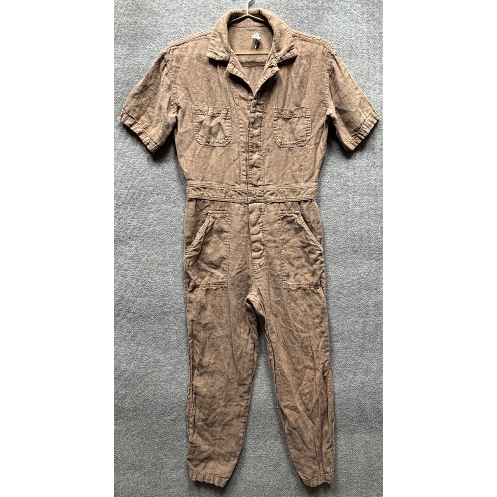 Mate Jumpsuit Women Small Faded Sedona Tan 100% Linen Short Sleeve Coverall USA